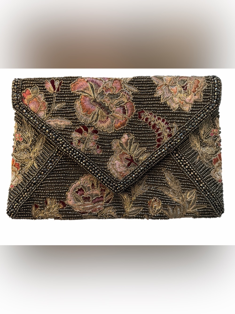 Embroidered Beaded Floral Envelope Clutch - Black & Gold